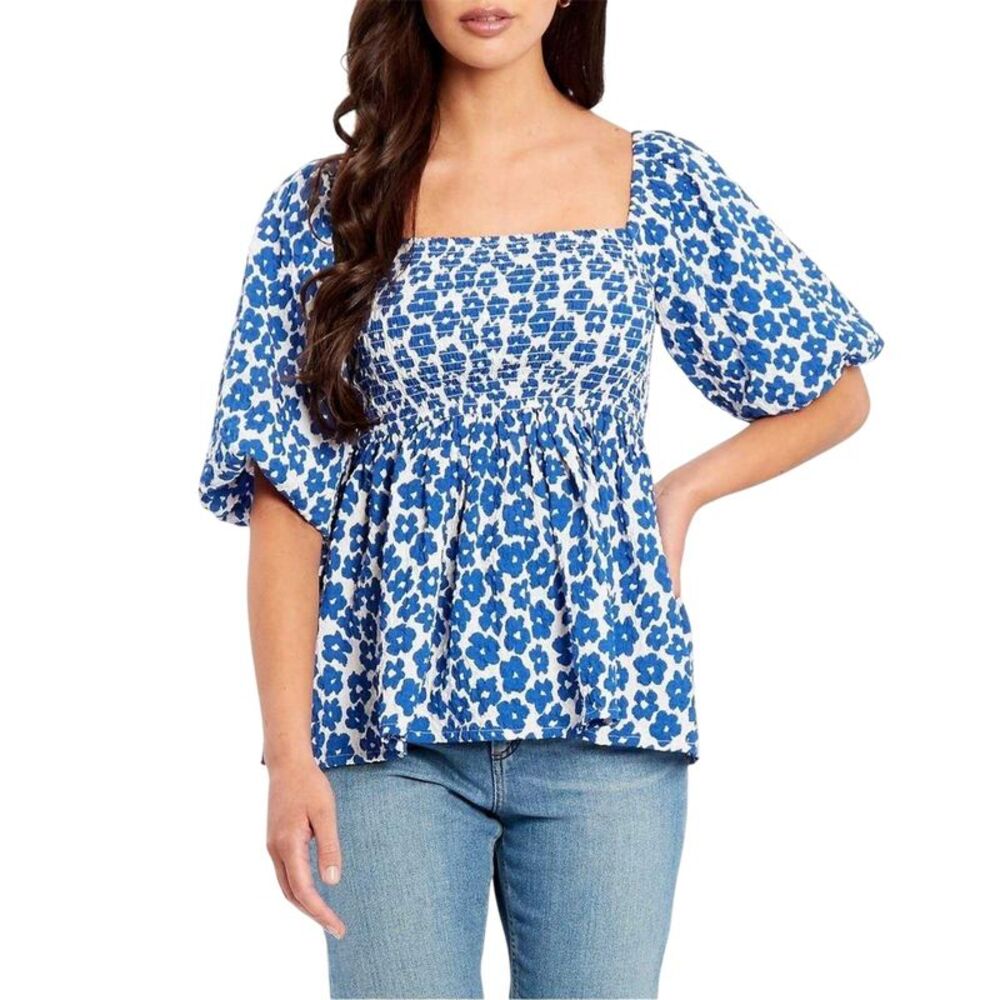 Be You Womens/Ladies Waffle Square Neck Puff Sleeve Blouse / Navy/White